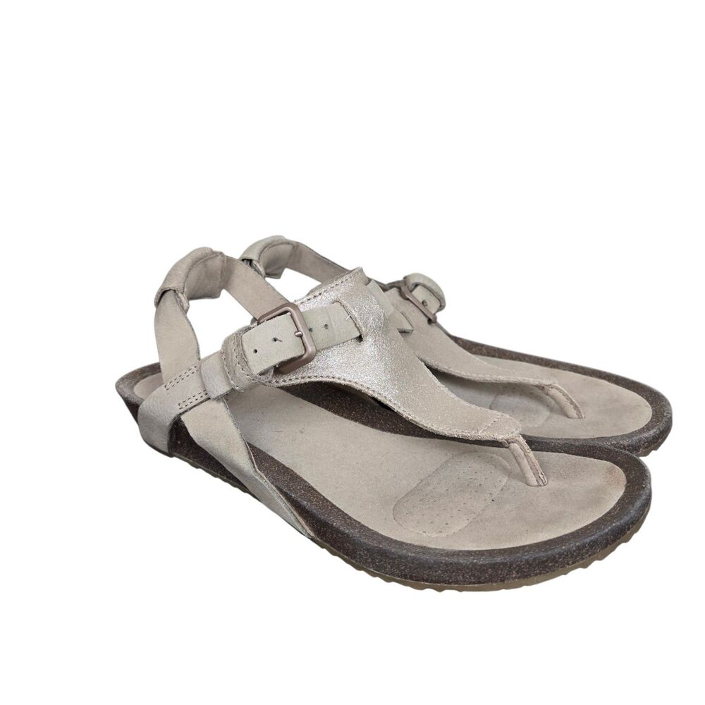 Teva Mahonia 3 Point Metallic Thong T-Strap Cork Wedge Leather Sandals Sz 7